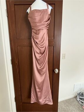 Oris Blush Pink Ruched Dress with Braided Strap and sheer scarf